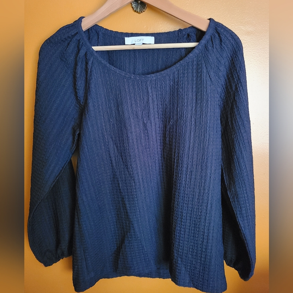 LOFT Blue Ribbed 3/4 Sleeve Blouse